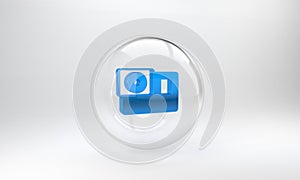 Blue Action extreme camera icon isolated on grey background. Video camera equipment for filming extreme sports. Glass