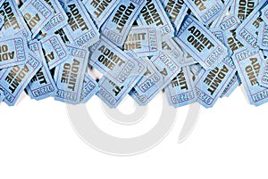 Blue admit one movie tickets top border, copy space, white background