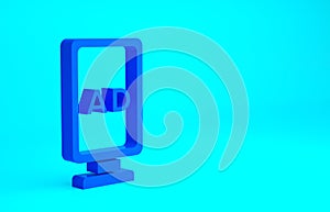 Blue Advertising icon isolated on blue background. Concept of marketing and promotion process. Responsive ads. Social media