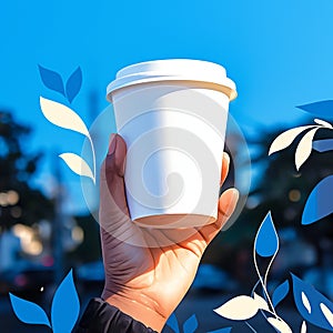 Blue aesthetic hand cradles a coffee cup on a stylish background