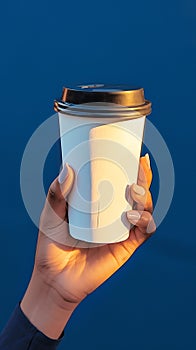 Blue aesthetic hand cradles a coffee cup on a stylish background
