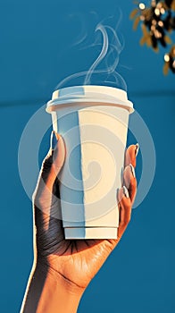 Blue aesthetic hand cradles a coffee cup on a stylish background