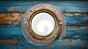 Blue Aged Brass Ship Porthole Mounted on a Wooden Hull with a White Background. Generative AI