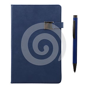 Blue agenda and pen over a white background, isolated background