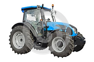 Blue agricultural tractor, side view