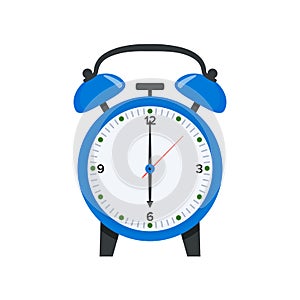 Blue alarm clock displaying six o clock in flat style illustration. Wake up symbol. 6 o clock icon