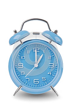 Blue alarm clock with the hands at 1 am or pm isolated on a white background