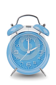 Blue alarm clock with the hands at 2 am or pm isolated on a white background