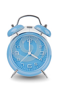 Blue alarm clock with the hands at 4 am or pm isolated on a white background photo