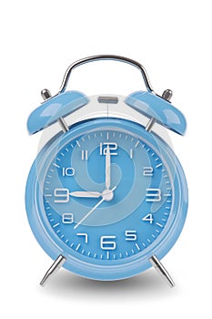 Blue alarm clock with the hands at 9 am or pm isolated on a white background photo