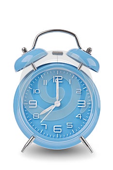 Blue alarm clock with the hands at 8 am or pm isolated on a white background photo