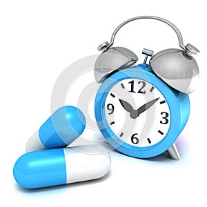 Blue alarm clock and medical pills on white