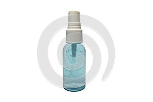 Blue alcohol gel in spray bottle package with white head and white isolated for hand cleansing
