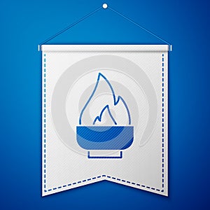 Blue Alcohol or spirit burner icon isolated on blue background. Chemical equipment. White pennant template. Vector