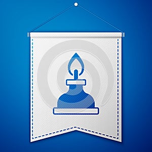 Blue Alcohol or spirit burner icon isolated on blue background. Chemical equipment. White pennant template. Vector