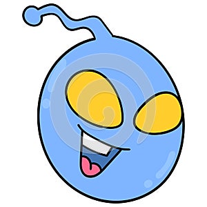 Blue alien head with big yellow eyes laughing happily, doodle icon drawing