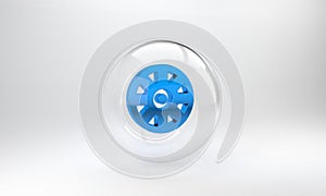 Blue Alloy wheel for car icon isolated on grey background. Glass circle button. 3D render illustration