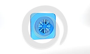 Blue Alloy wheel for car icon isolated on grey background. Glass square button. 3d illustration 3D render