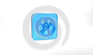 Blue Alloy wheel for car icon isolated on grey background. Glass square button. 3d illustration 3D render