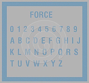 Blue alphabet letters abc and numbers in diagonal stripes force style on grey background.