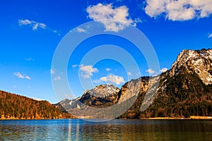 Blue Alpsee Lake in the Green Forest and Beautiful Alps Mountains. Fussen, Bavaria, Germany