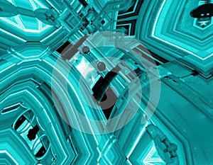 Blue aluminum background. Metal pipes and abstract technological components. industrial concept.