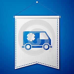 Blue Ambulance and emergency car icon isolated on blue background. Ambulance vehicle medical evacuation. White pennant