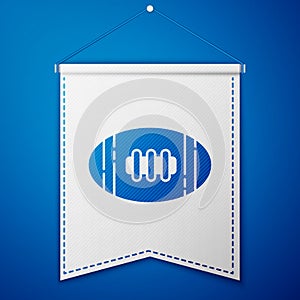 Blue American Football ball icon isolated on blue background. Rugby ball icon. Team sport game symbol. White pennant