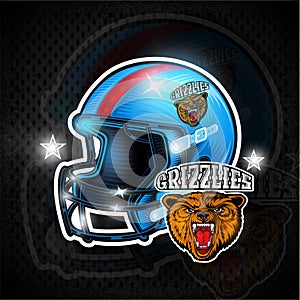 Blue american football helmets with bears grizzlies head label team on it