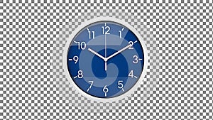 Blue analog clock with white numbers and hands