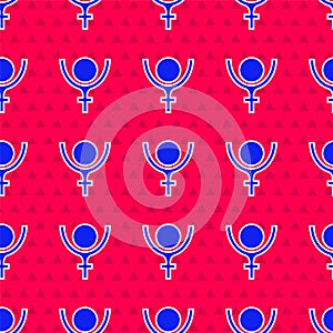 Blue Ancient astrological symbol of Pluto icon isolated seamless pattern on red background. Astrology planet. Zodiac and