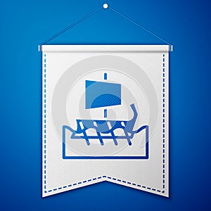 Blue Ancient Greek trireme icon isolated on blue background. White pennant template. Vector