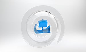 Blue Ancient Greek trireme icon isolated on grey background. Glass circle button. 3D render illustration