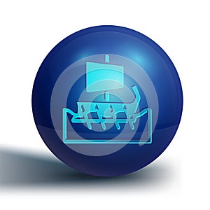Blue Ancient Greek trireme icon isolated on white background. Blue circle button. Vector