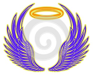 Blue angel wings with a golden halo. Vector color illustration. Elements for design