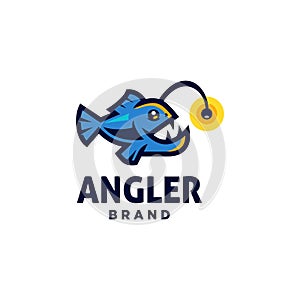 Blue angler fish with bait light cartoon logo, deep fish mascot icon design vector Illustration in sport style.