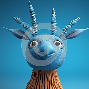 Blue Animated Fox Head Sculpture With Horns On A Blue Background