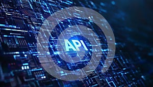 Blue API Application Programming Interface In Electronic Circuit Board Pattern, Software Development