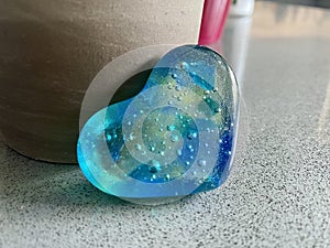 Blue Aqua Green Glass Heart Paperweight