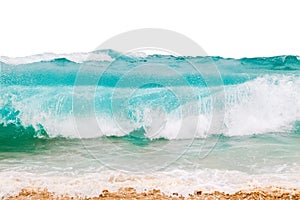 Blue and aquamarine color sea waves and yellow sand  with white foam isolated on white background. Marine beach background