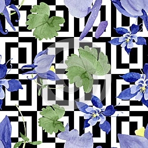 Blue aquilegia floral botanical flowers. Watercolor background illustration set. Seamless background pattern.