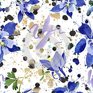 Blue aquilegia floral botanical flowers. Watercolor background illustration set. Seamless background pattern.