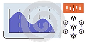 Data Visualization with Graph, Candlestick Chart, and Blockchain Network Concept