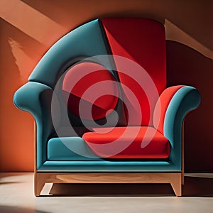 Blue armchair in modern interior with red wall. generative ai