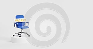 Blue armchair with vacant banner on empty grey background