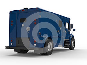 Blue armored transport van - tail shot