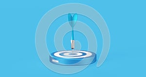 Blue arrow aim to dartboard target or goal of success on business background with complete achievement concept. 3D rendering.