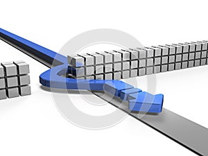 A blue arrow that bypasses the wall and continues forward. A wall of obstacles blocking the path. 3d illustration. white