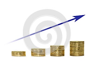 Blue arrow and golden coins growth chart