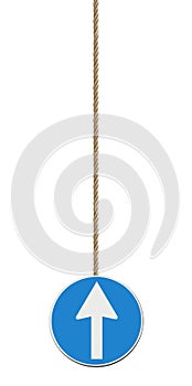 Blue arrow sign isolated on white background hanging from a rope indicating to go ahead - concept image